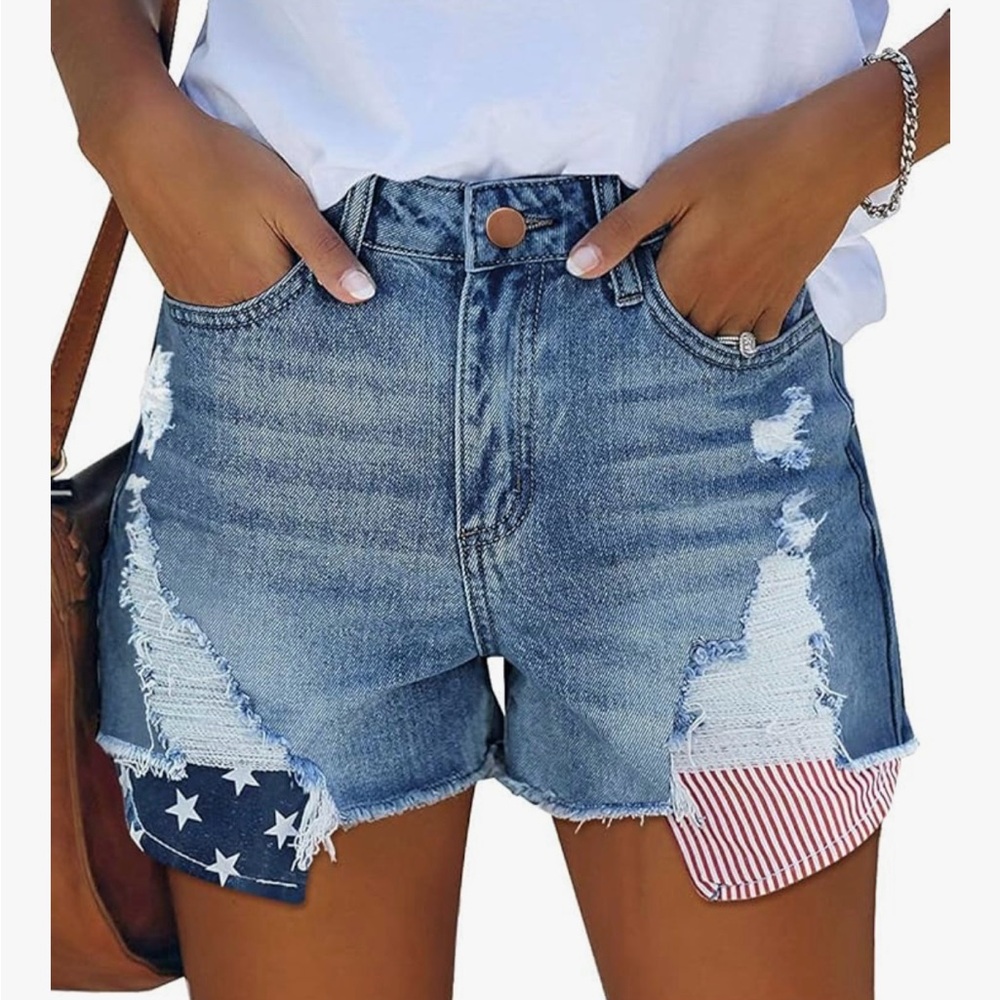 Denim Distressed American Flag Women Shorts